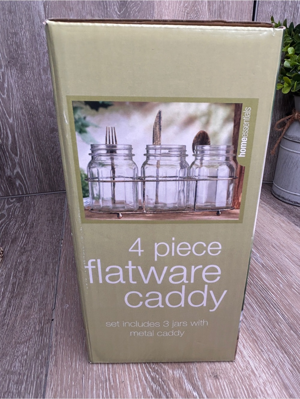 Rustic Flatware Caddy Set – 3 Glass Jars & Metal Rack by Home Essentials NIB - Picture 4 of 4
